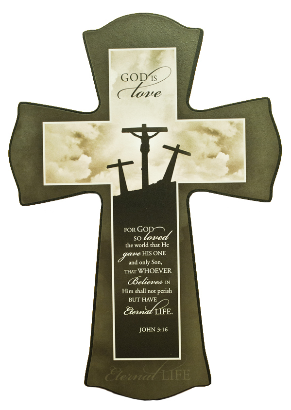 Large Wood Cross -- John 3:16 -- God is Love   (17" x 12" x 3/4")