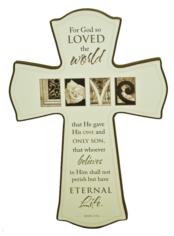 Small Wood Cross -- John 3:16 -- God so loved the World (11.5" x 8" x 3/4")